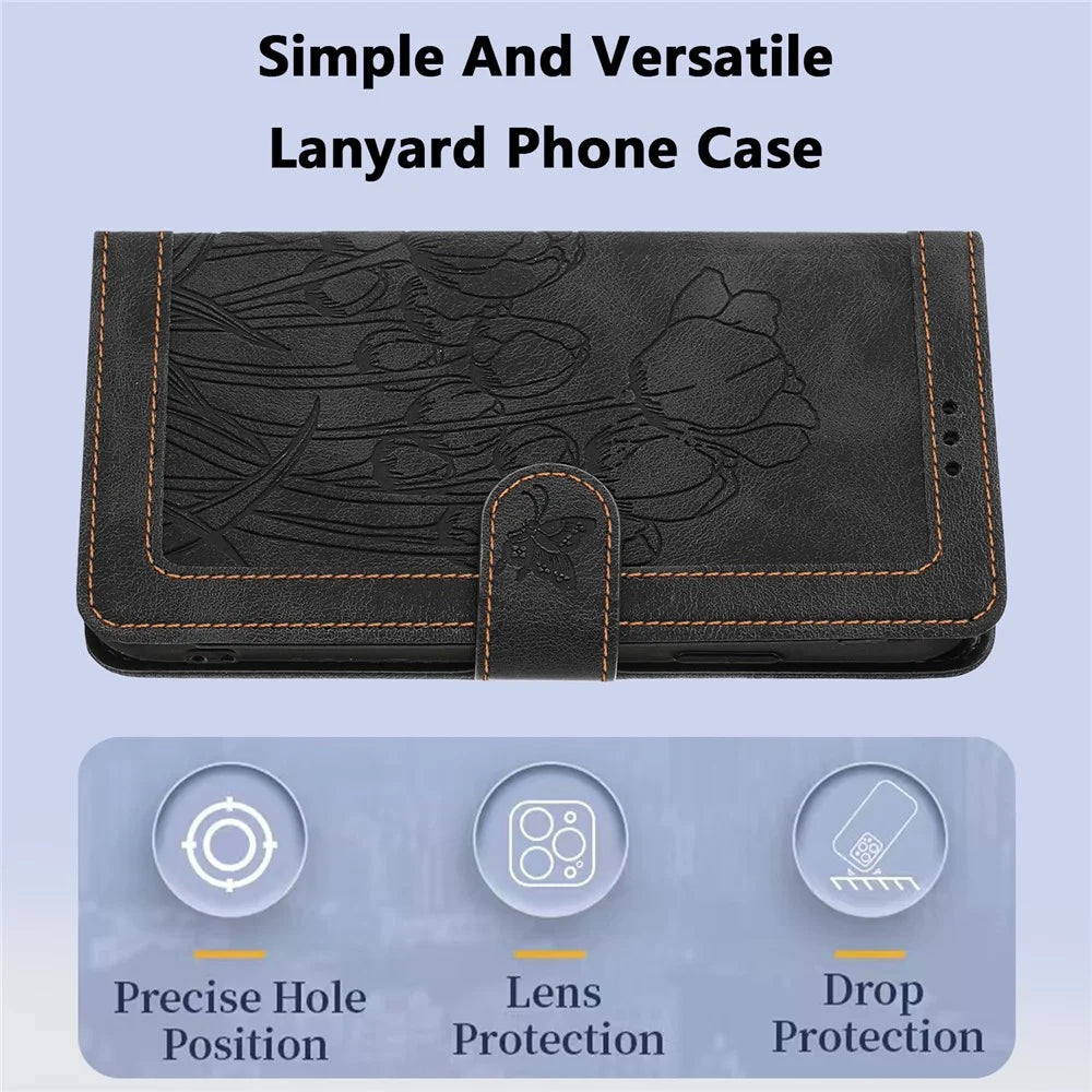 For iPhone 16 Case Tulip Leather Phone Cover with 5 Card Slots Wallet - Black - 7