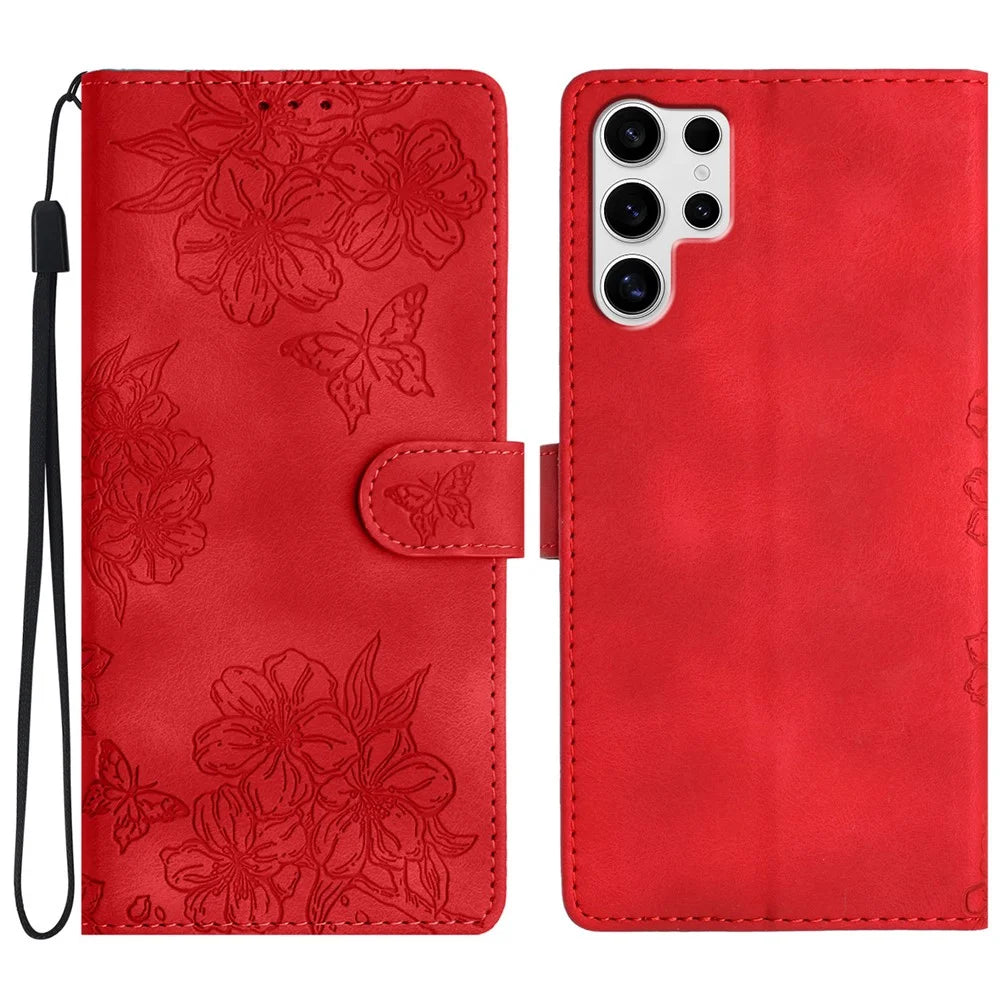 For Samsung Galaxy S25 Ultra Case Butterfly Flower Pattern Skin-Touch Leather Phone Cover - Red - 1