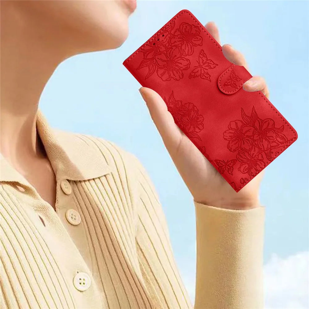 For Samsung Galaxy S25 Ultra Case Butterfly Flower Pattern Skin-Touch Leather Phone Cover - Red - 5