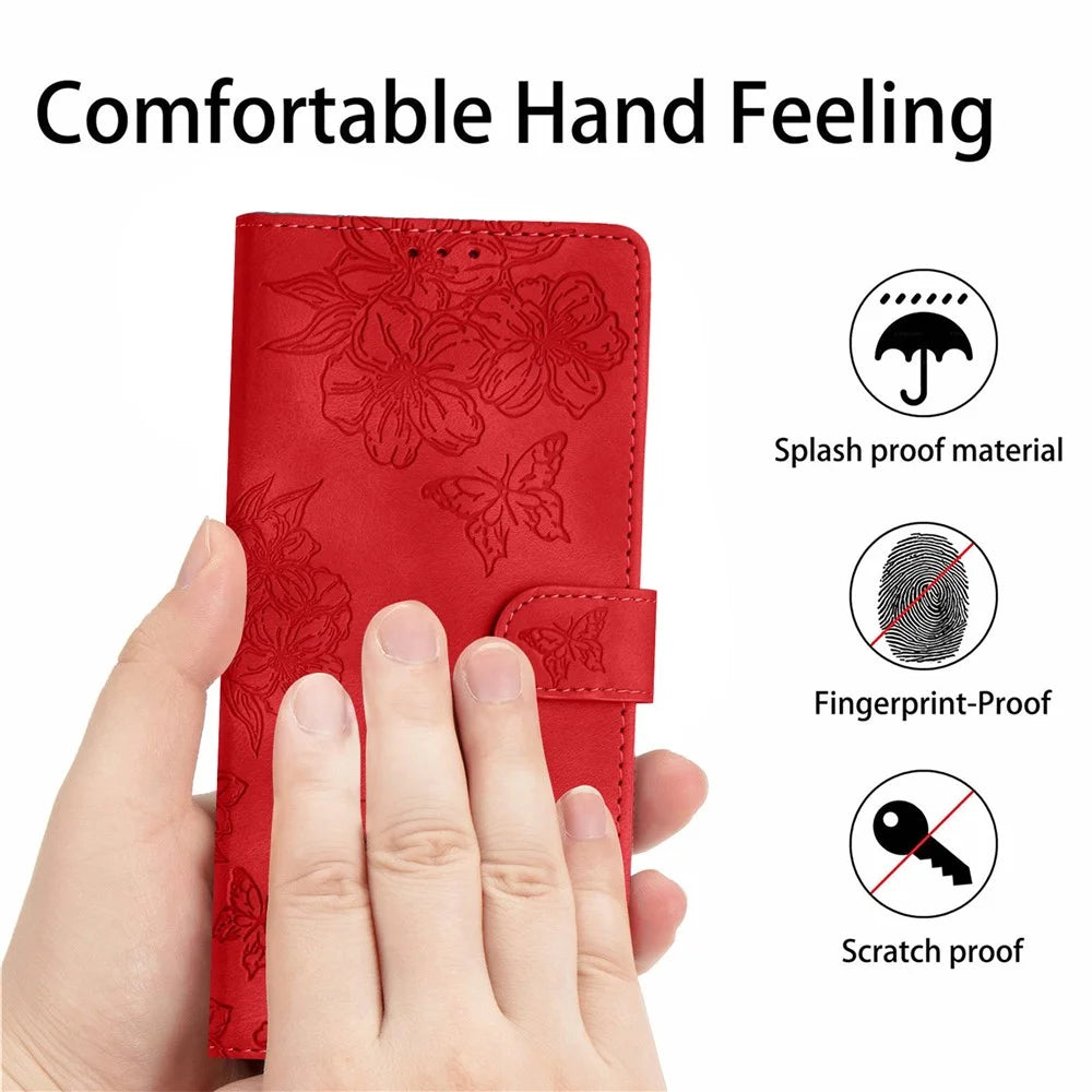 For Samsung Galaxy S25 Ultra Case Butterfly Flower Pattern Skin-Touch Leather Phone Cover - Red - 6
