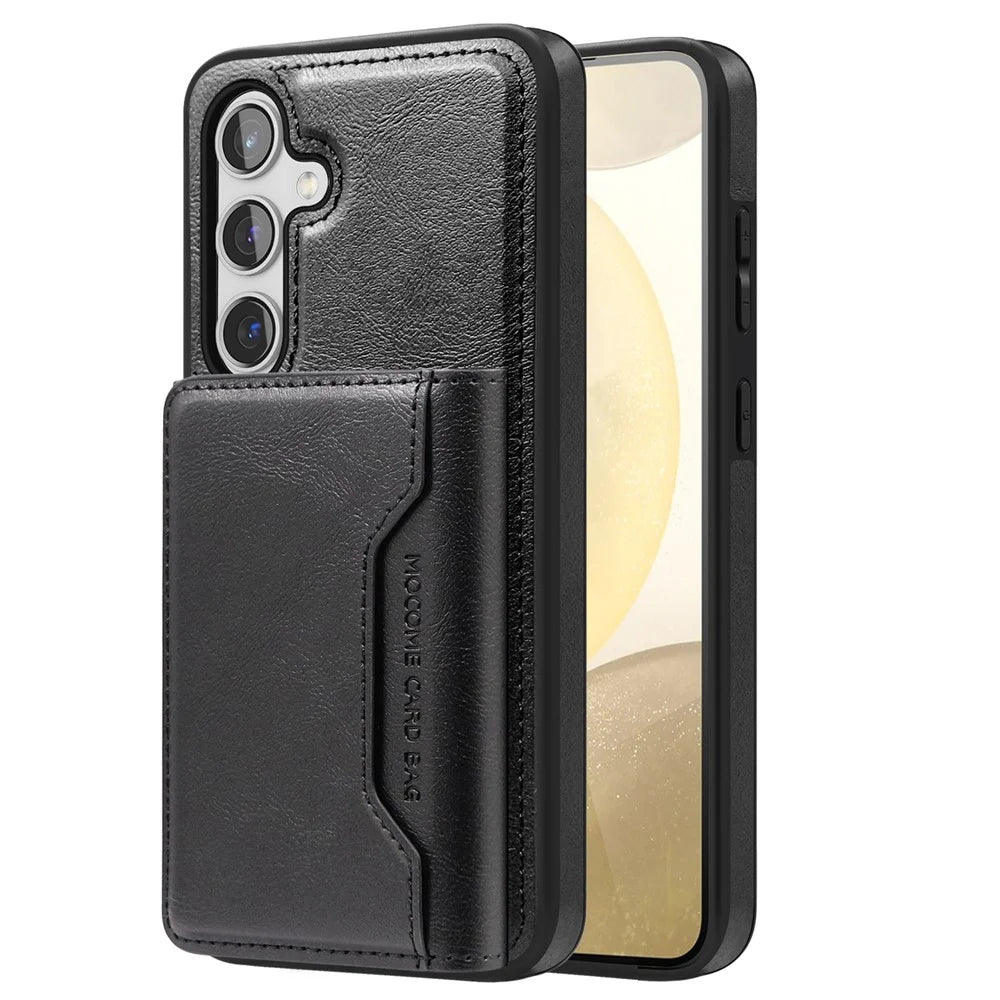 For Samsung Galaxy S24+ Magnetic Case Leather Back Phone Cover with Detachable Card Bag - Black - 1