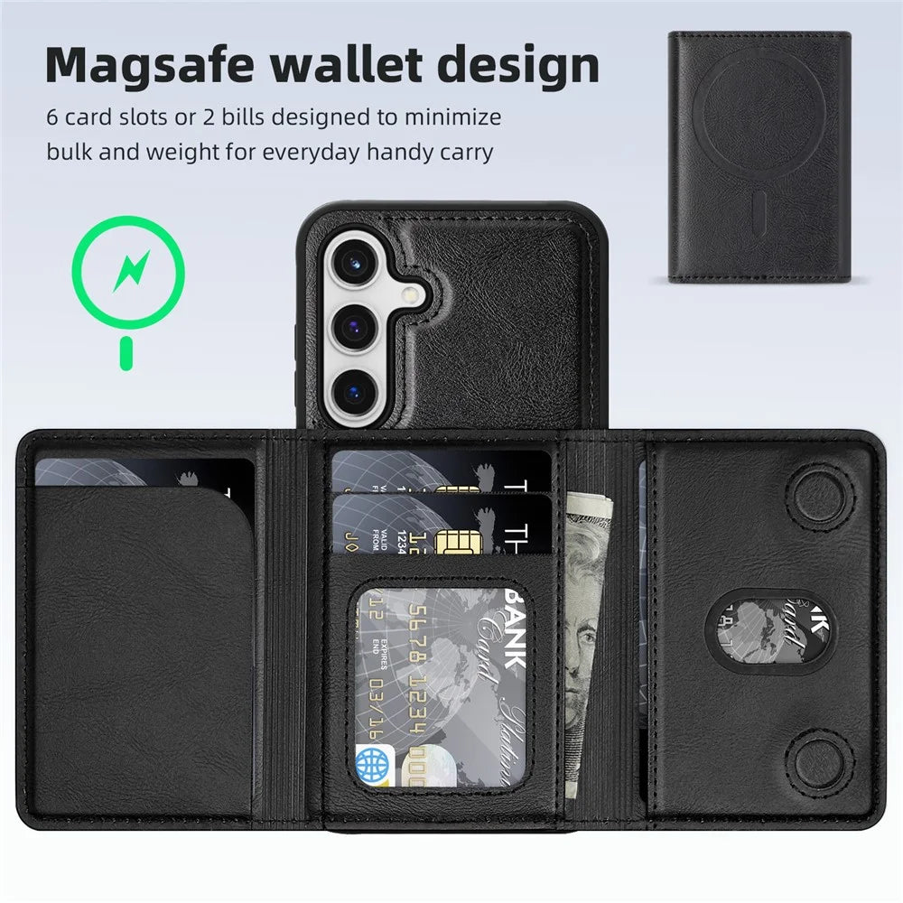 For Samsung Galaxy S24+ Magnetic Case Leather Back Phone Cover with Detachable Card Bag - Black - 2