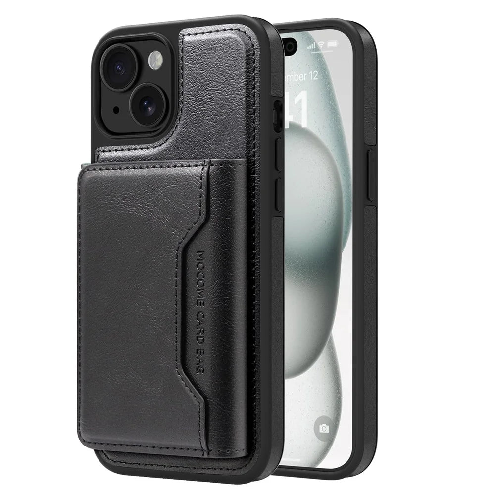 For iPhone 15 Plus Magnetic Case Leather Back Phone Cover with Detachable Card Bag - Black - 2