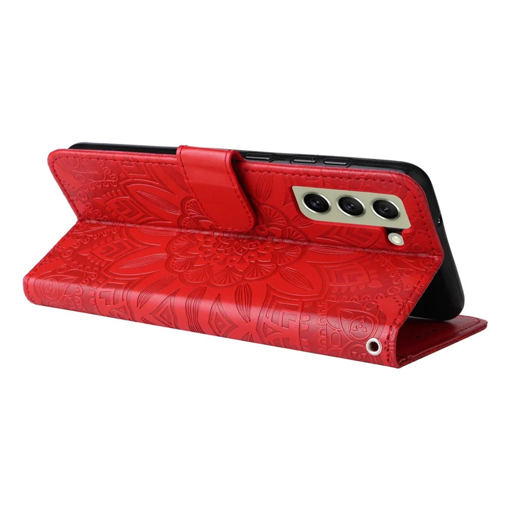 For Samsung Galaxy S21 FE 5G Sunflower Imprinted PU Leather Flip Wallet Case Stand Feature Magnetic Closure Phone Cover with Strap - Red - 3