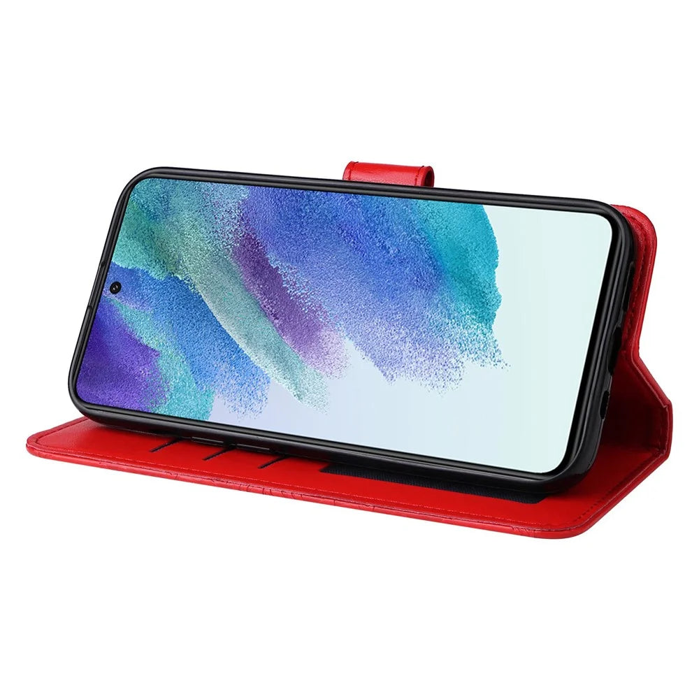 For Samsung Galaxy S21 FE 5G Sunflower Imprinted PU Leather Flip Wallet Case Stand Feature Magnetic Closure Phone Cover with Strap - Red - 4