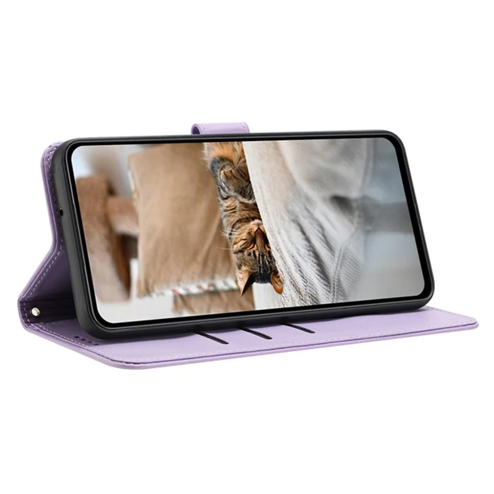 For iPhone 17e / 16e Case with Strap Cats Imprint Leather Wallet Phone Cover - Purple - 2