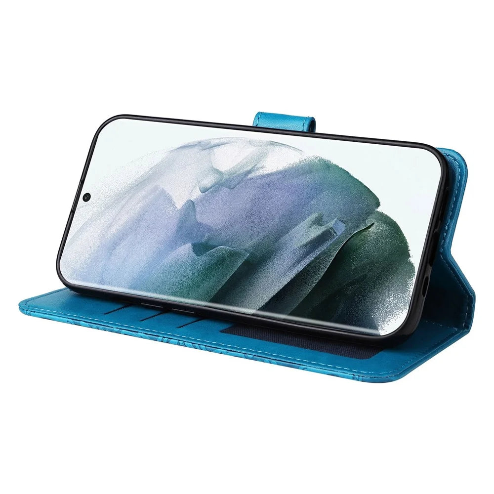 For Samsung Galaxy S22 Ultra 5G Sunflower Imprinted Wallet Phone Case PU Leather Wrist Strap Stand Feature Flip Cover - Blue - 4