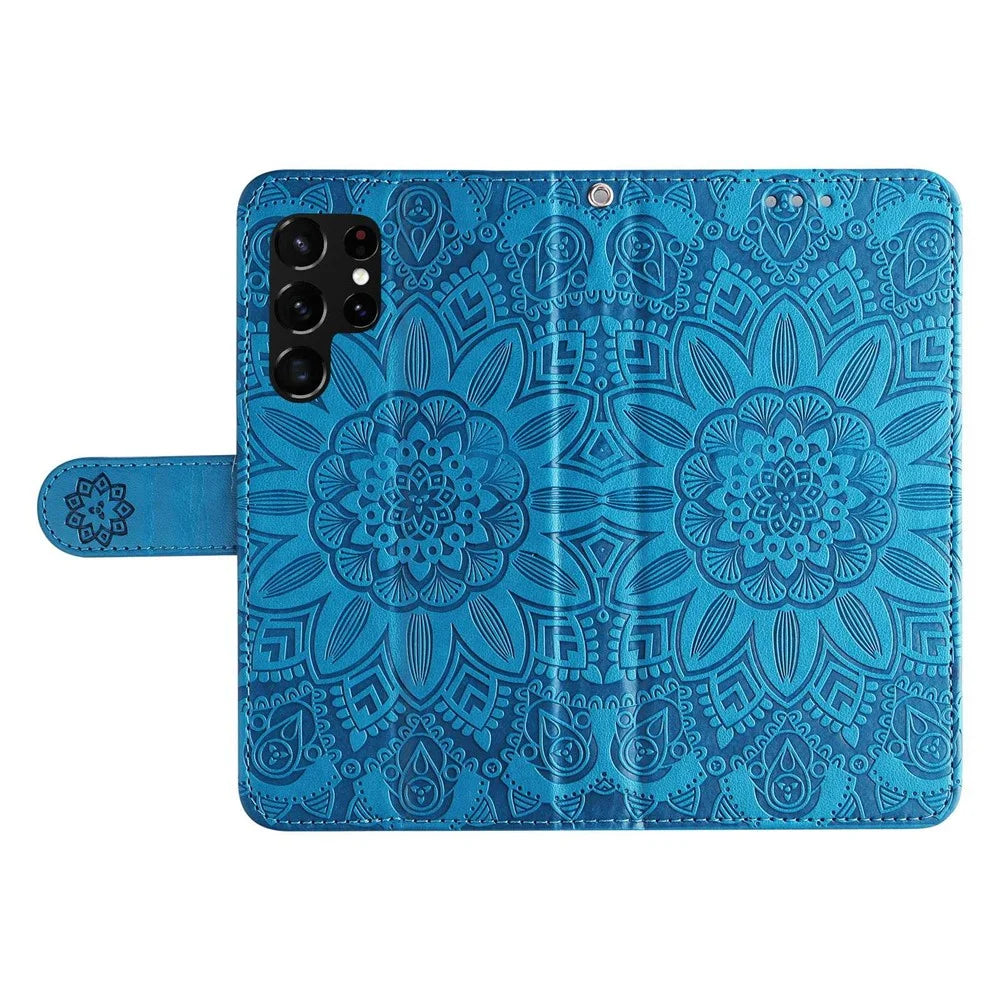 For Samsung Galaxy S22 Ultra 5G Sunflower Imprinted Wallet Phone Case PU Leather Wrist Strap Stand Feature Flip Cover - Blue - 5