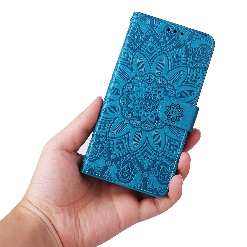 For Samsung Galaxy S22 Ultra 5G Sunflower Imprinted Wallet Phone Case PU Leather Wrist Strap Stand Feature Flip Cover - Blue - 6