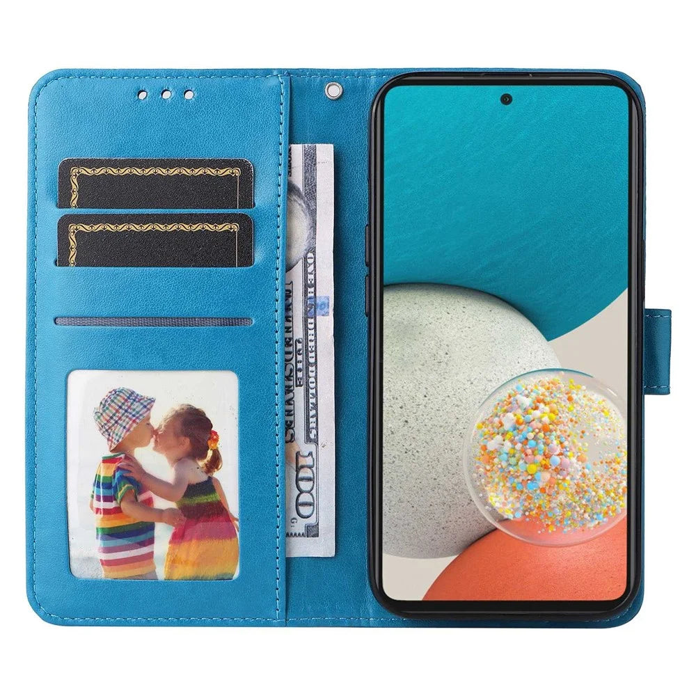 For Samsung Galaxy A73 5G Flip Wallet Phone Case Sunflower Imprinted PU Leather Stand Magnetic Closure Protective Cover with Strap - Blue - 2