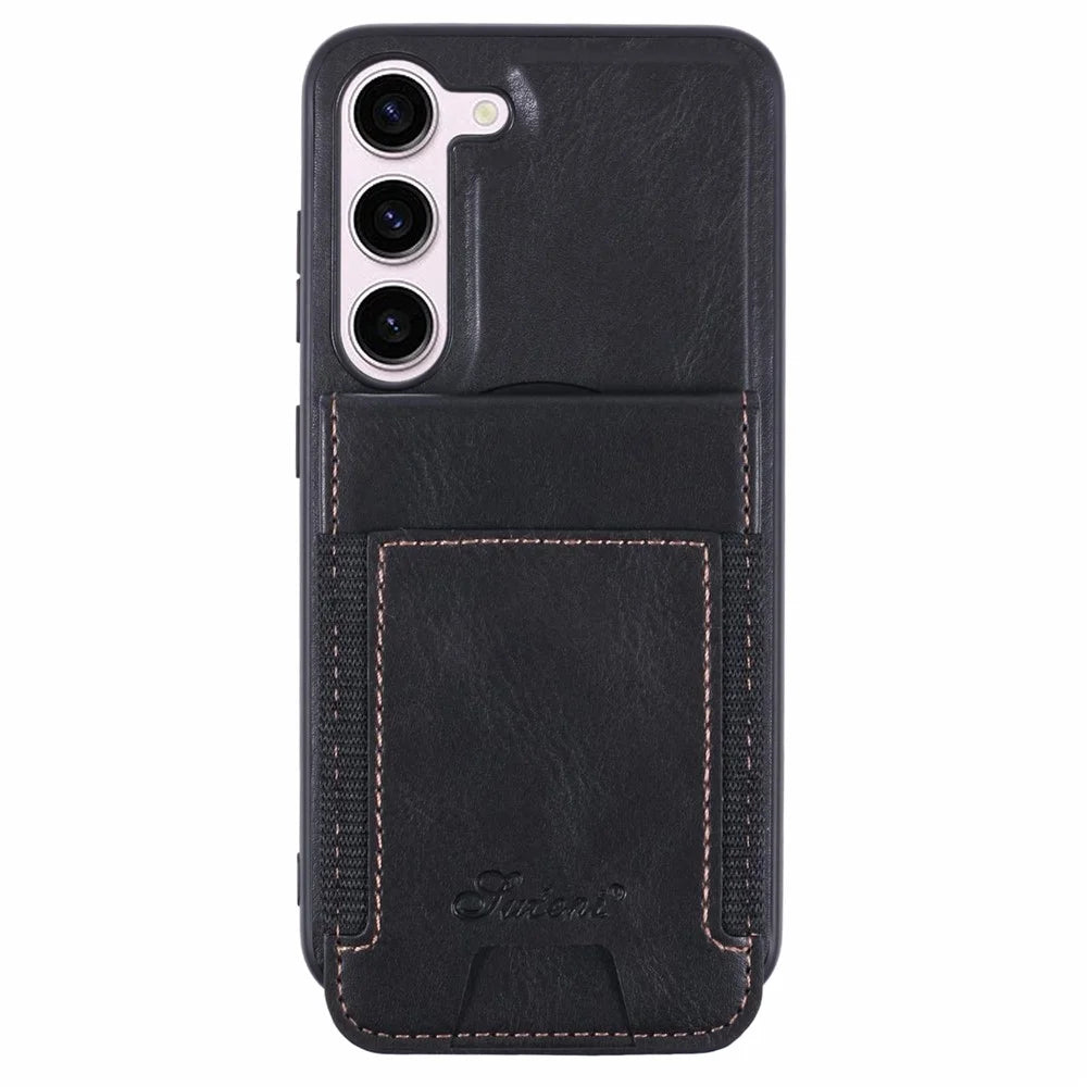 SUTENI H17 For Samsung Galaxy S23 Magnetic Case Card Holder Kickstand Phone Cover - Black - 1