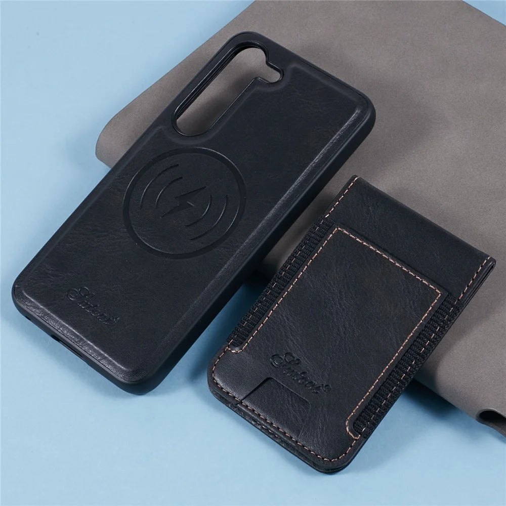 SUTENI H17 For Samsung Galaxy S23 Magnetic Case Card Holder Kickstand Phone Cover - Black - 7