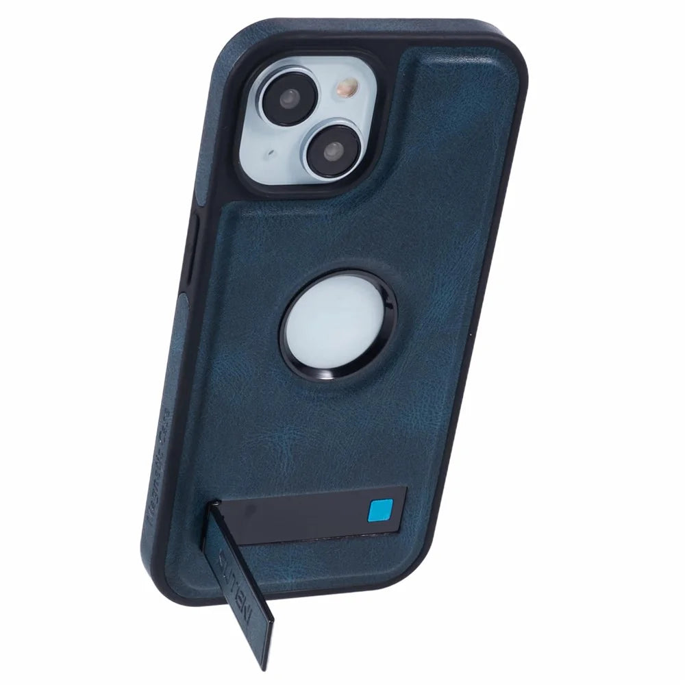SUTENI G2 For iPhone 15 Magnetic Case Leather Phone Back Cover Waxy Texture Kickstand - Blue - 4
