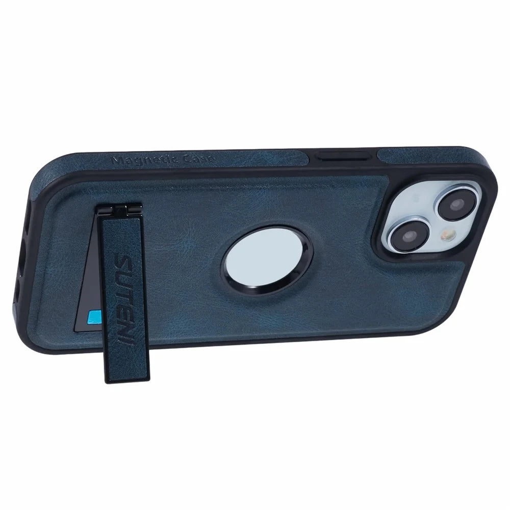 SUTENI G2 For iPhone 15 Magnetic Case Leather Phone Back Cover Waxy Texture Kickstand - Blue - 5
