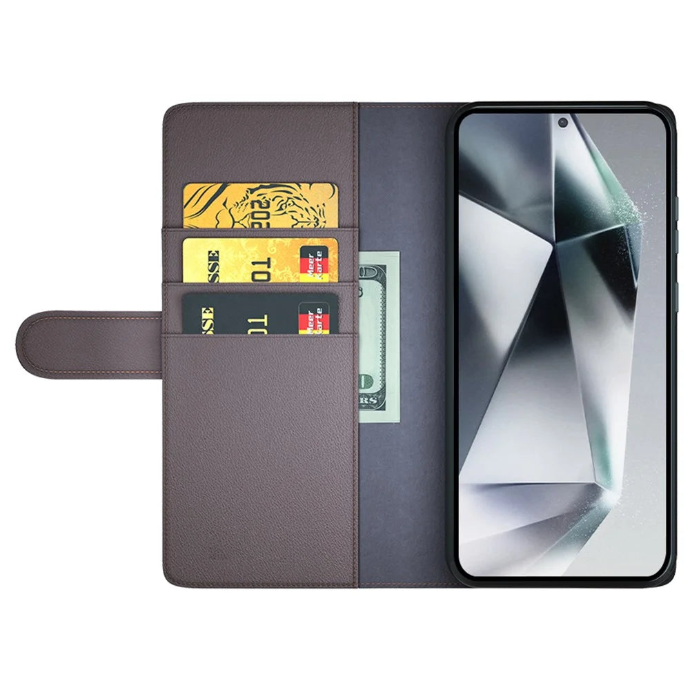 For Samsung Galaxy S25 Ultra Case Genuine Split Leather Phone Cover with Wallet Stand - Brown - 2