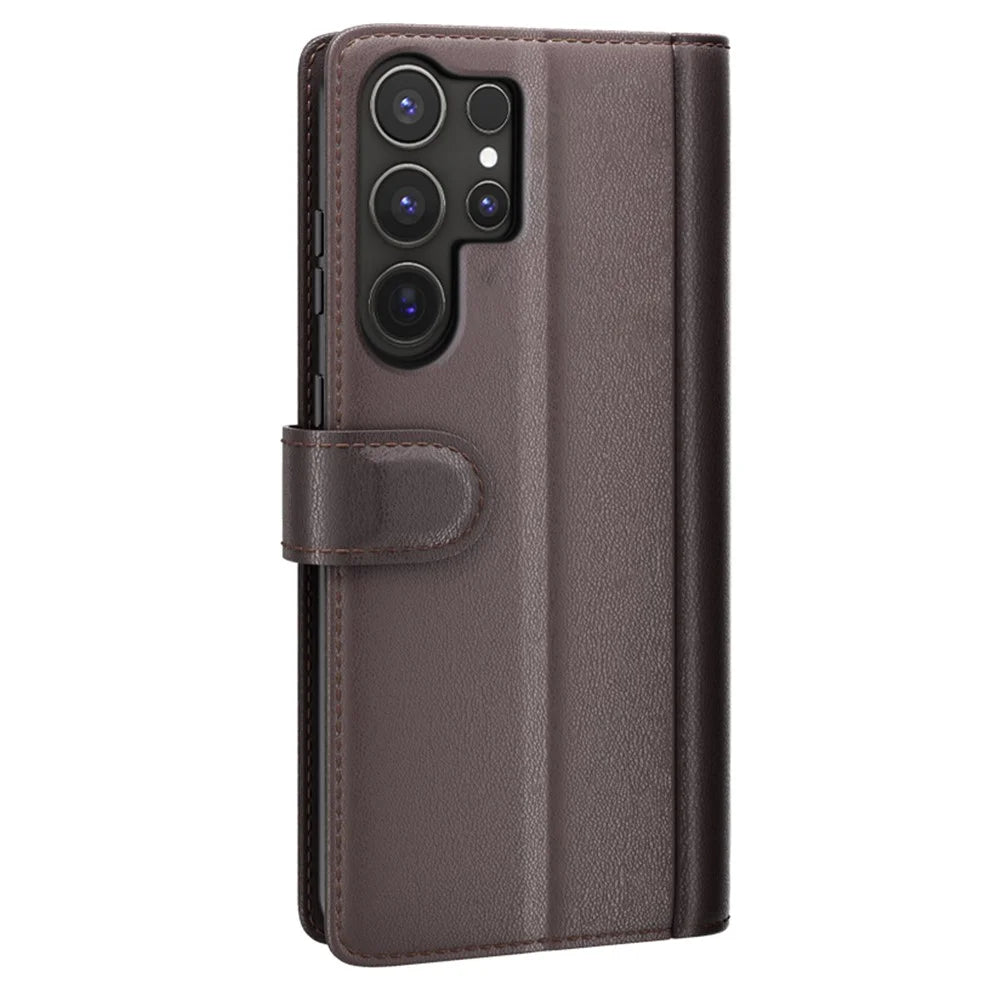 For Samsung Galaxy S25 Ultra Case Genuine Split Leather Phone Cover with Wallet Stand - Brown - 6