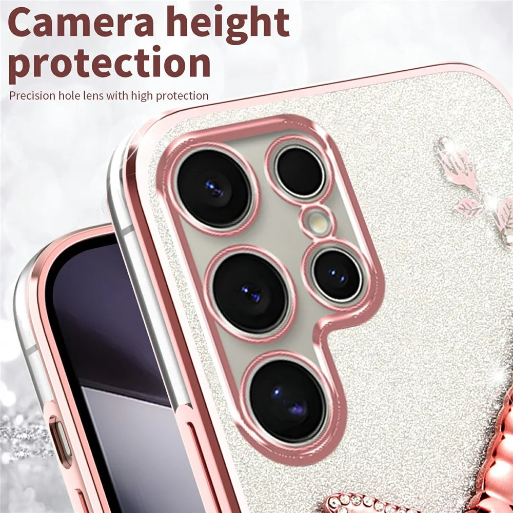 KADEM For Samsung Galaxy S23 Ultra Case Dragonfly Kickstand TPU Flowers Glitter Phone Cover - Pink - 4