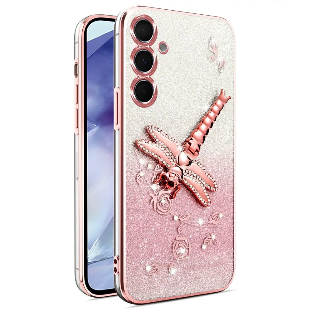 KADEM For Samsung Galaxy A16 5G  /  4G Case Dragonfly Kickstand TPU Flowers Glitter Phone Cover - Pink - 1