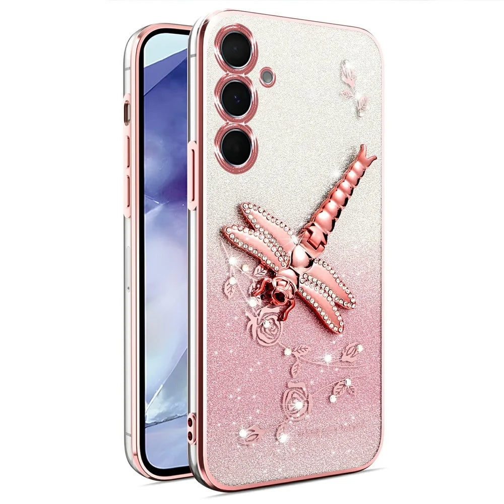 KADEM For Samsung Galaxy S23 FE Case Dragonfly Kickstand TPU Flowers Glitter Phone Cover - Pink - 1