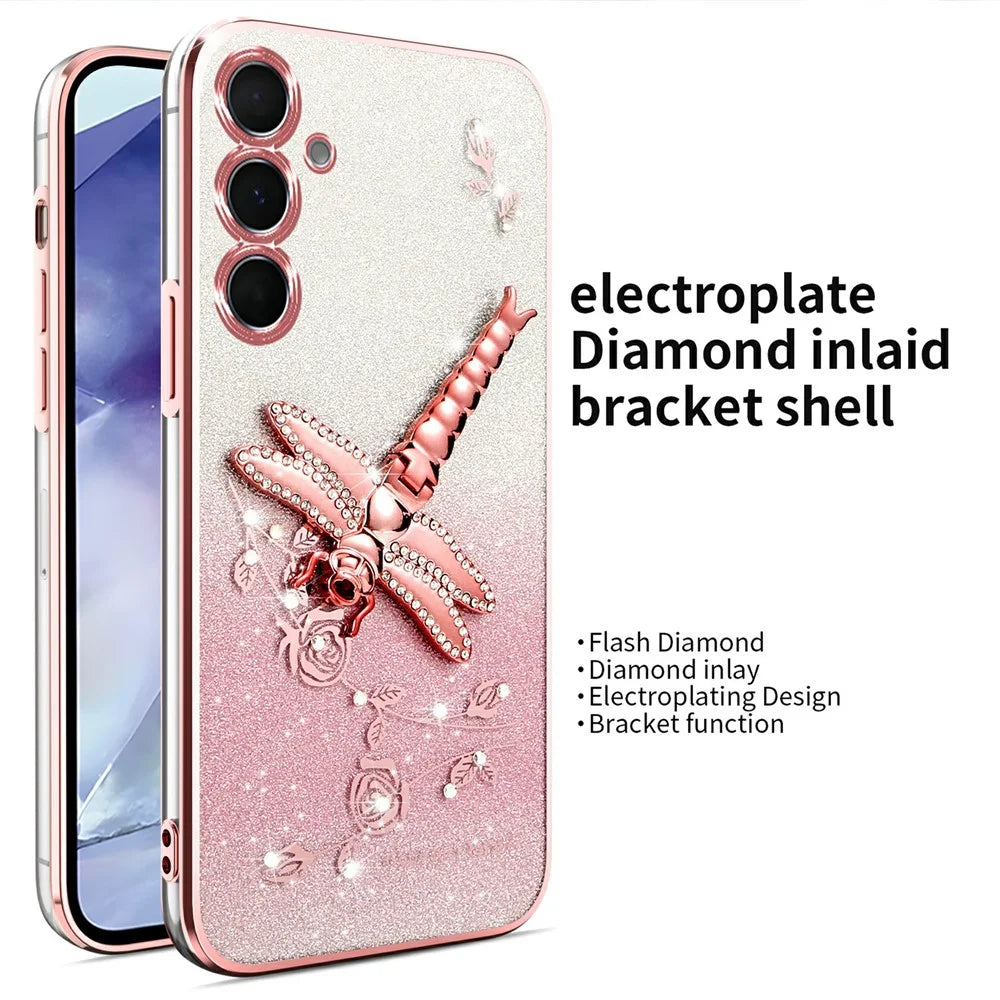 KADEM For Samsung Galaxy S24+ Case Dragonfly Kickstand TPU Flowers Glitter Phone Cover - Pink - 2