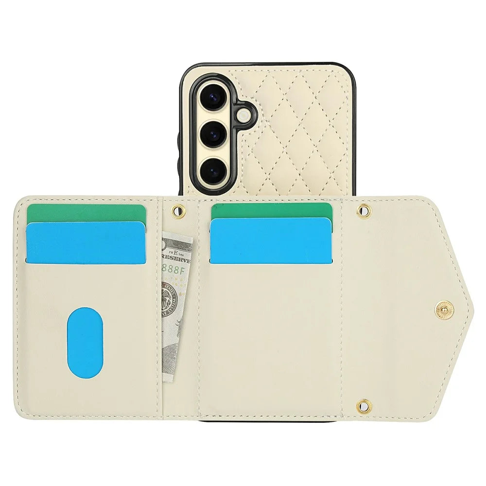 For Samsung Galaxy S23 FE Case Card Holders RFID Blocking PU Leather+TPU Phone Cover with Shoulder Strap - White - 2