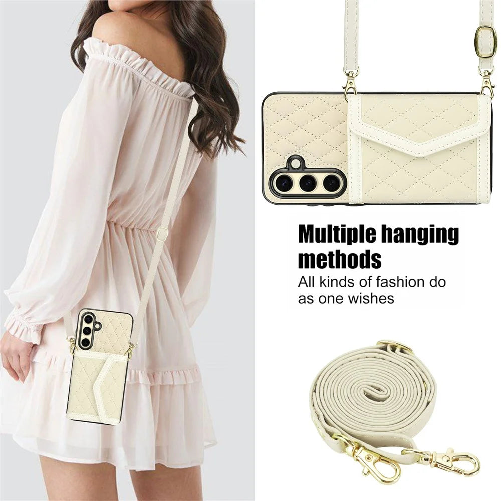 For Samsung Galaxy S23 FE Case Card Holders RFID Blocking PU Leather+TPU Phone Cover with Shoulder Strap - White - 5