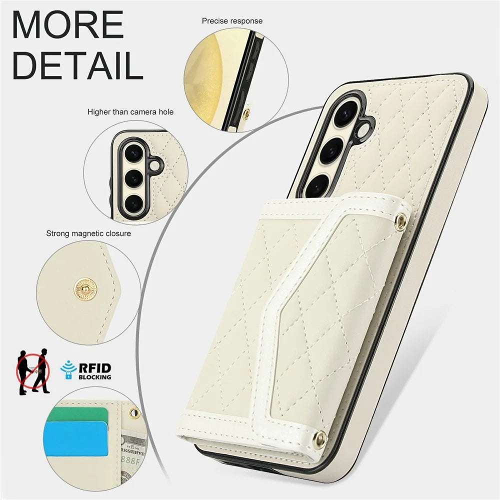 For Samsung Galaxy S23 FE Case Card Holders RFID Blocking PU Leather+TPU Phone Cover with Shoulder Strap - White - 6