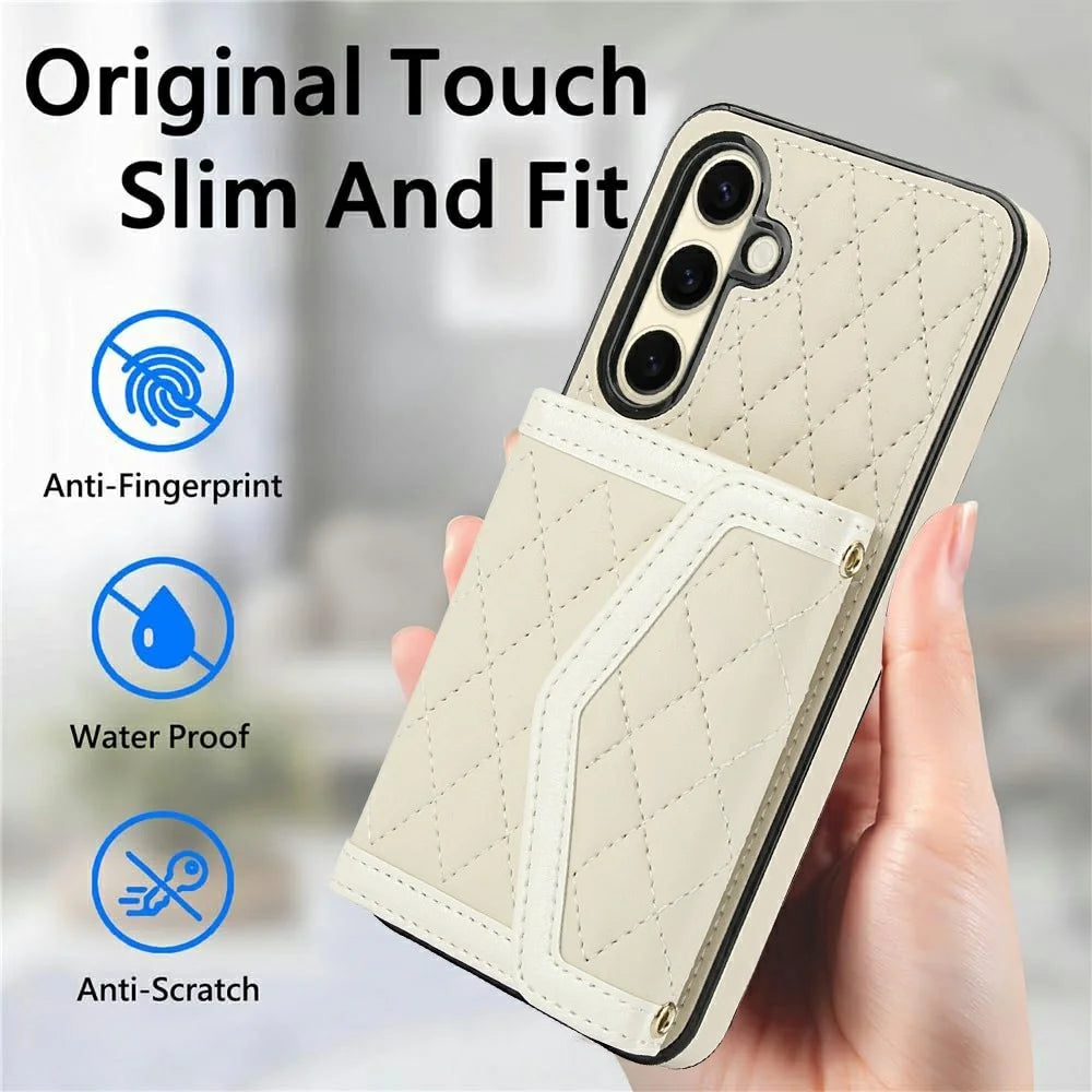 For Samsung Galaxy S23 FE Case Card Holders RFID Blocking PU Leather+TPU Phone Cover with Shoulder Strap - White - 7