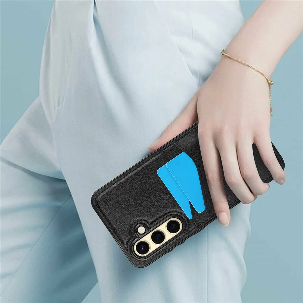 For Samsung Galaxy S24 FE Case Card Slot Slim-Fit PU+TPU Mobile Cover - Black - 5
