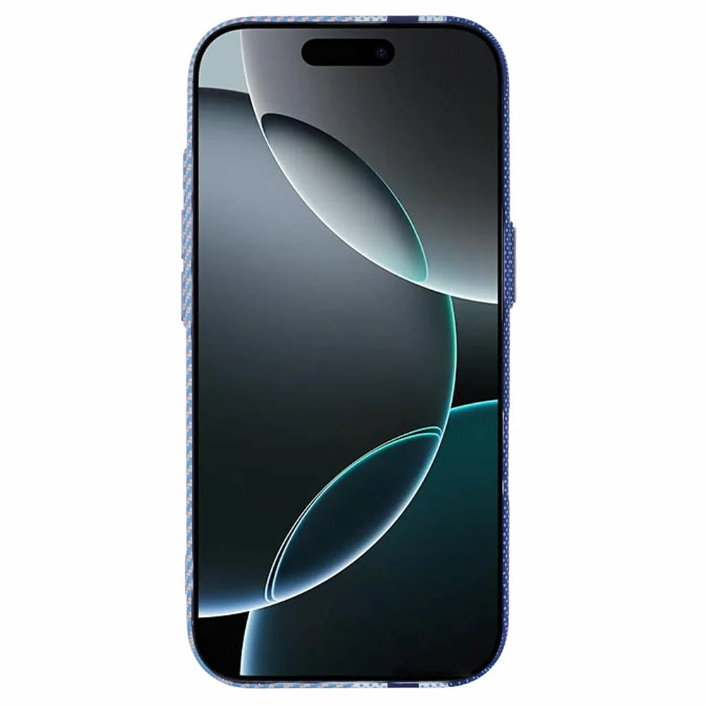 For iPhone 16 Pro Case Compatible with MagSafe Carbon Fiber Texture Water-Transfer PC Phone Cover - Blue Vertical Stripes - 2