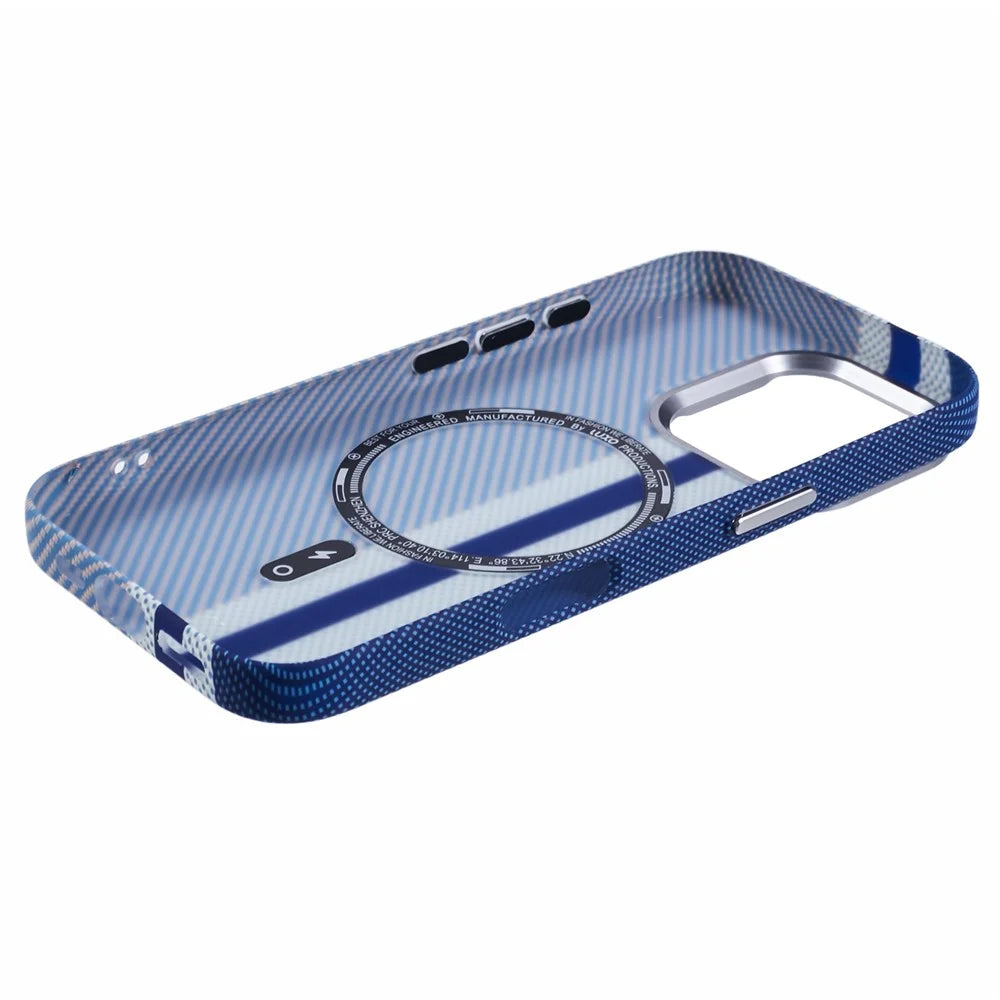 For iPhone 16 Pro Case Compatible with MagSafe Carbon Fiber Texture Water-Transfer PC Phone Cover - Blue Vertical Stripes - 5