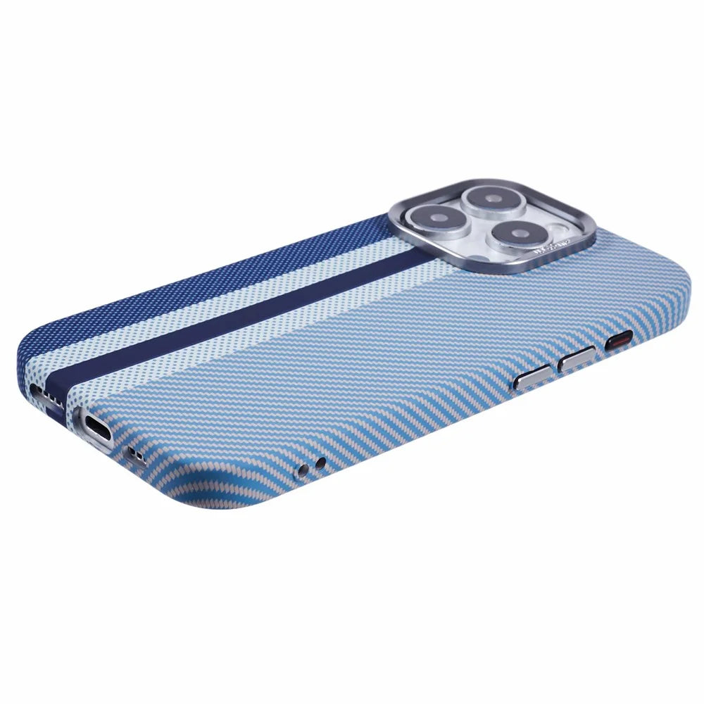 For iPhone 16 Pro Case Compatible with MagSafe Carbon Fiber Texture Water-Transfer PC Phone Cover - Blue Vertical Stripes - 6