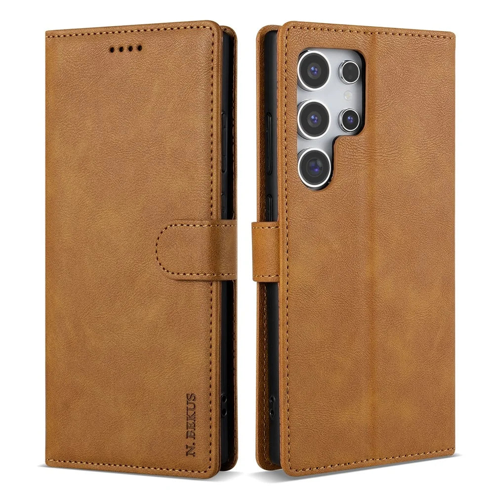 N.BEKUS CSJ-001 For Samsung Galaxy S25 Ultra Stand Case PU Leather Wallet Phone Cover - Brown - 1