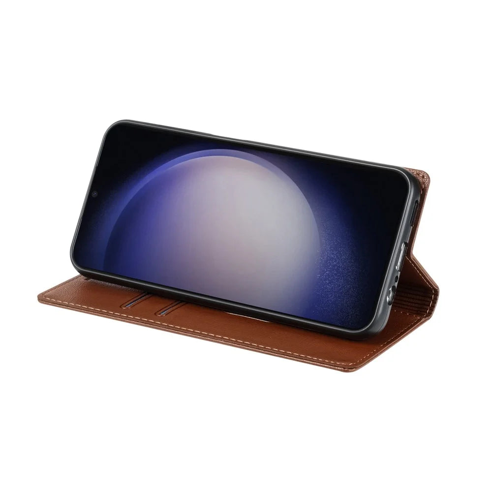 For Samsung Galaxy S25 Wallet Case Magnetic Closure PU Leather Phone Cover - Brown - 3