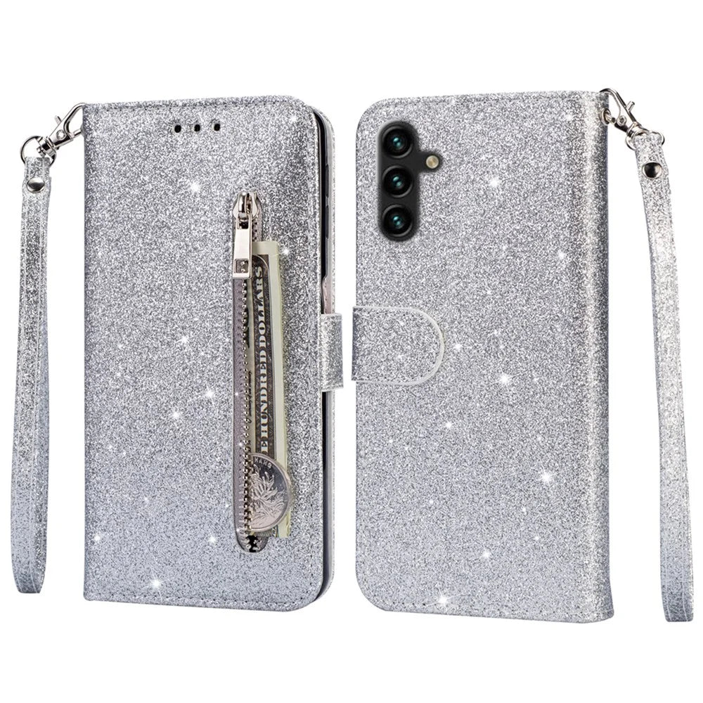 For Samsung Galaxy A16 5G  /  4G Stand Case Glitter Phone Leather Cover Zipper Pocket - Silver - 1