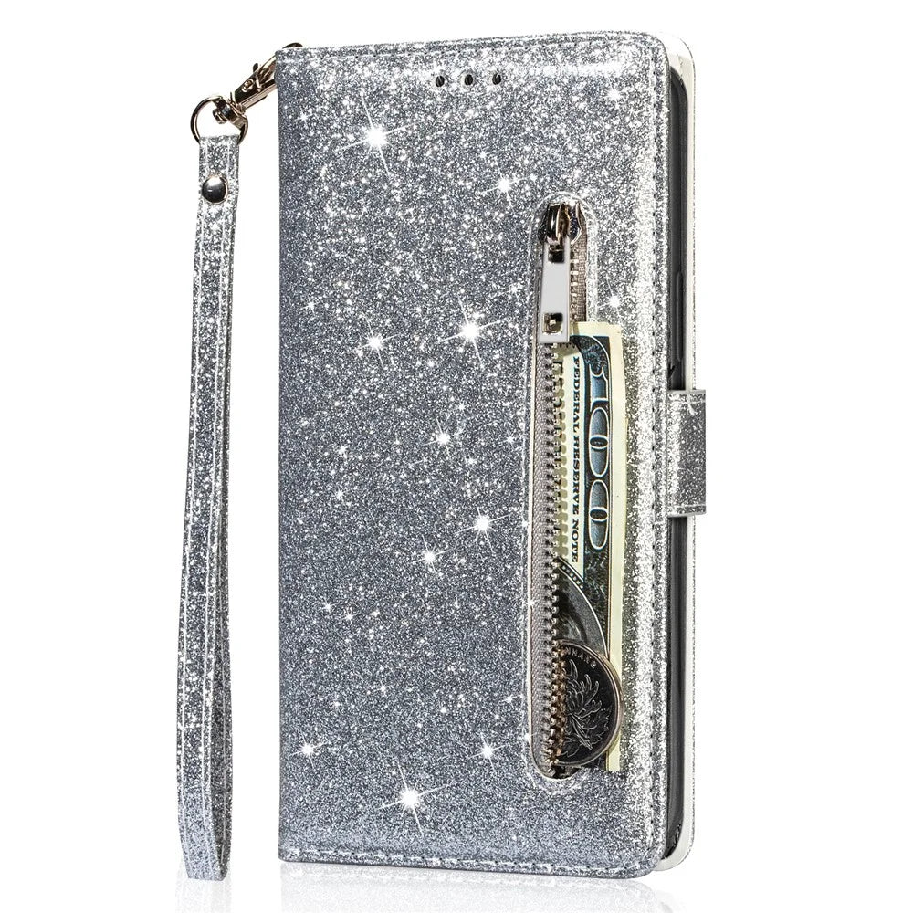 For Samsung Galaxy A16 5G  /  4G Stand Case Glitter Phone Leather Cover Zipper Pocket - Silver - 6