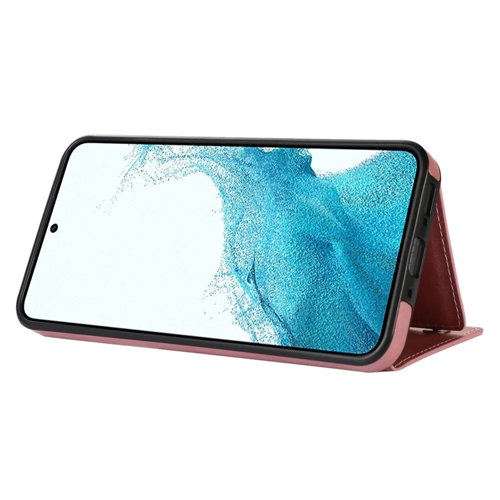 For Samsung Galaxy S25+ Case Wallet RFID Blocking TPU Leather Phone Cover with Lanyard - Rose Gold - 2