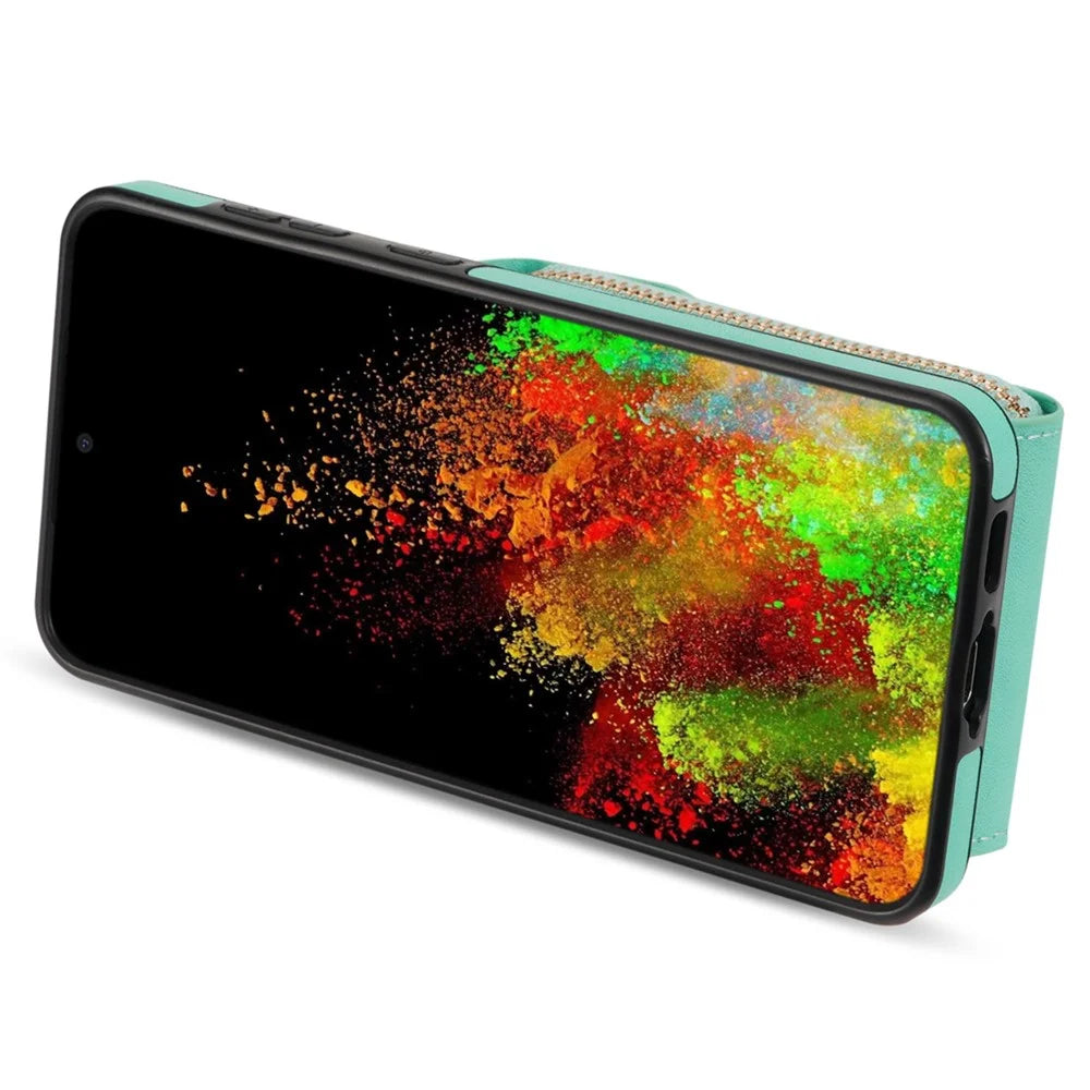 For Samsung Galaxy S25+ Case Zipper Wallet Leather+TPU Phone Cover with Strap - Mint Green - 2