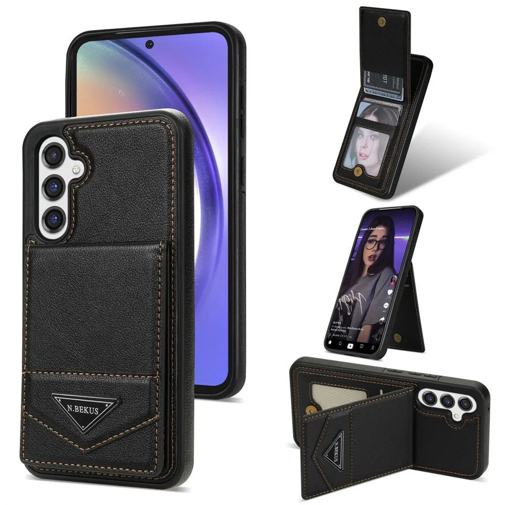 N.BEKUS For Samsung Galaxy S25 Case Leather+TPU Kickstand Phone Cover with Card Holder - Black - 1