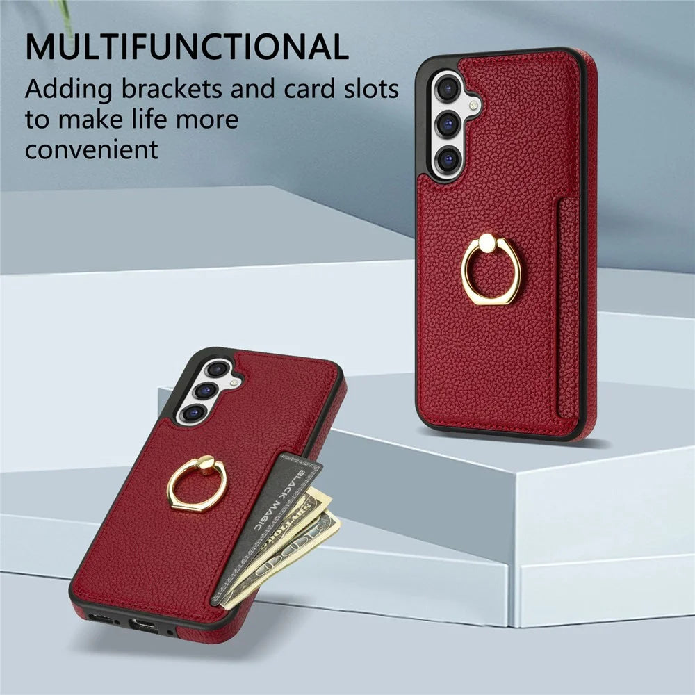 For Samsung Galaxy S24 FE Case Ring Kickstand PU+TPU Card Holder Phone Cover - Red - 5