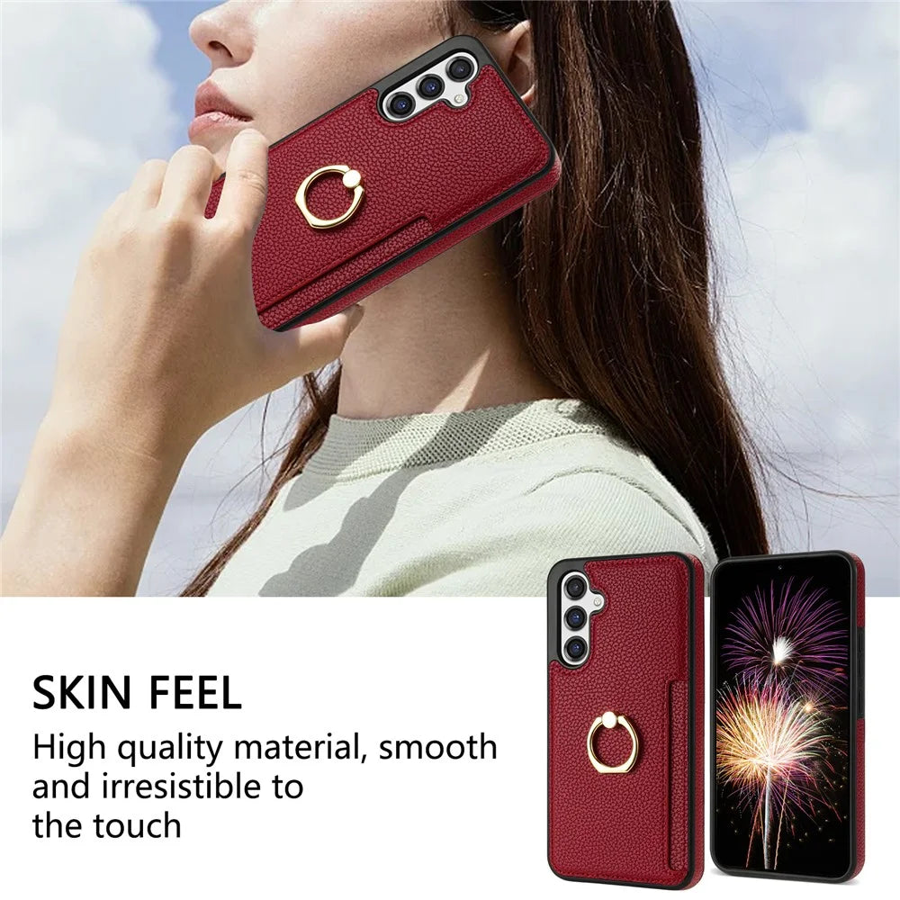 For Samsung Galaxy S24 FE Case Ring Kickstand PU+TPU Card Holder Phone Cover - Red - 6