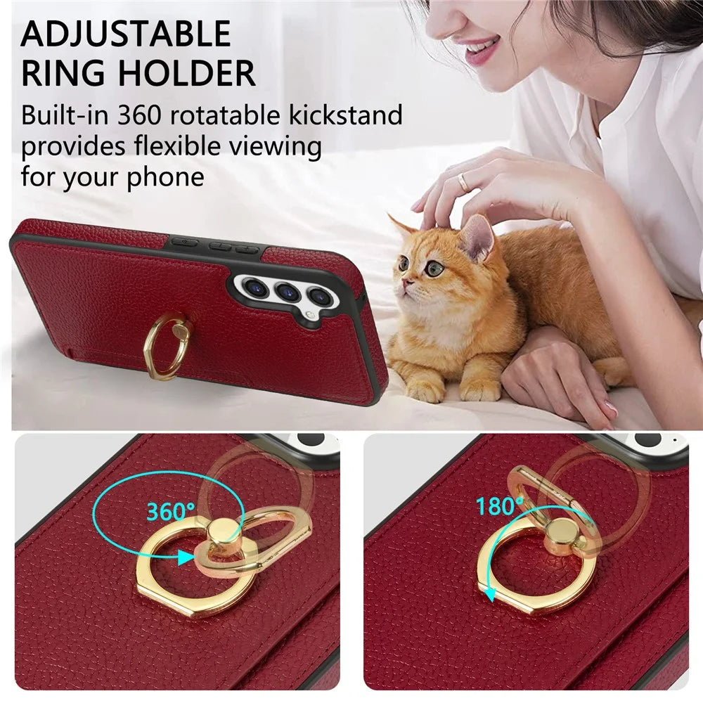 For Samsung Galaxy S24 FE Case Ring Kickstand PU+TPU Card Holder Phone Cover - Red - 7