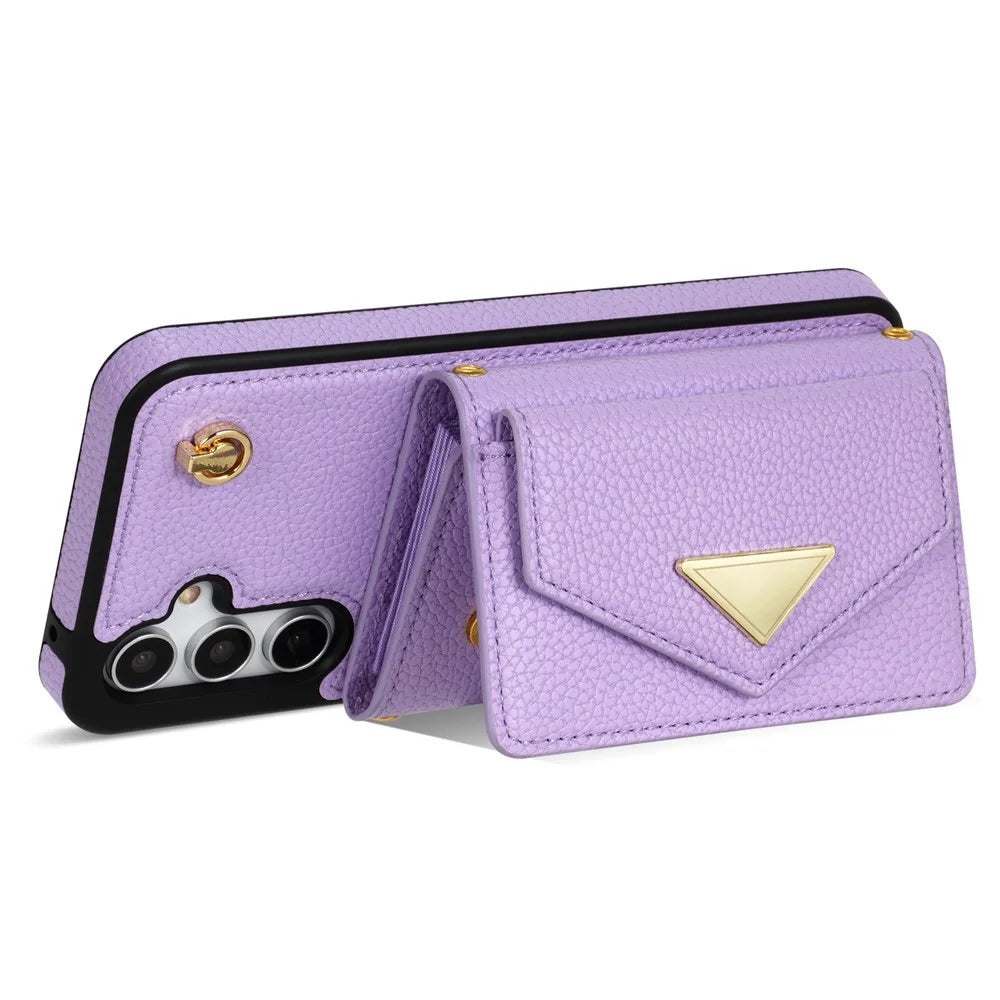 For Samsung Galaxy S24 FE Case Card Slots PU+TPU Cell Phone Cover with Long Strap - Purple - 2