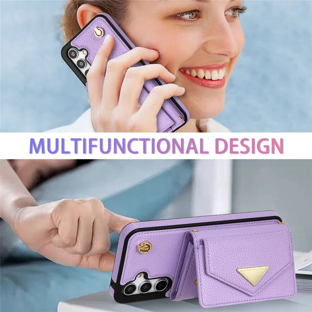 For Samsung Galaxy S24 FE Case Card Slots PU+TPU Cell Phone Cover with Long Strap - Purple - 4