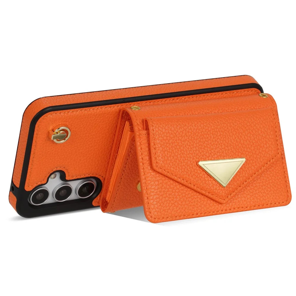 For Samsung Galaxy A16 4G / 5G Case Card Slots PU+TPU Cell Phone Cover with Long Strap - Orange - 2