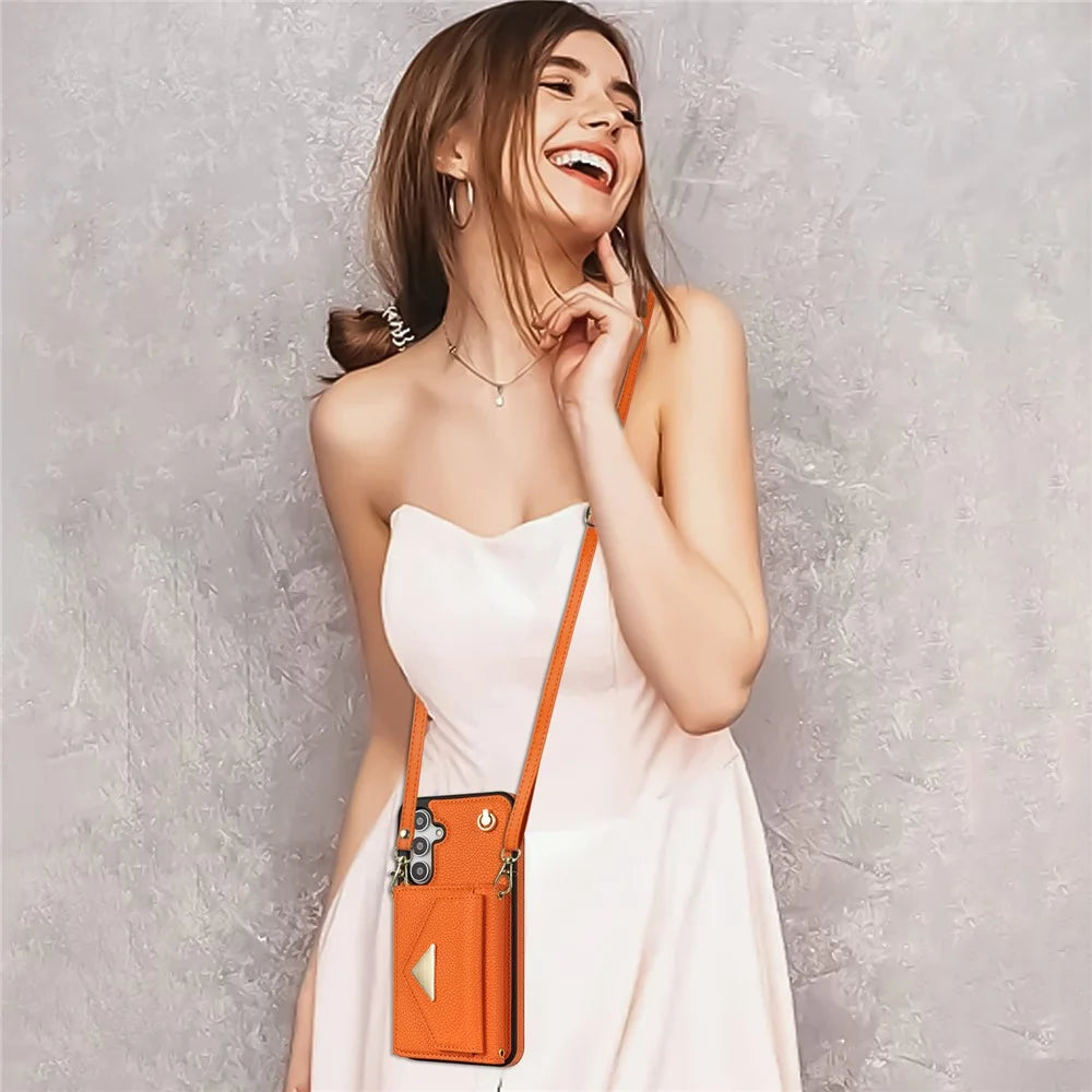 For Samsung Galaxy A16 4G / 5G Case Card Slots PU+TPU Cell Phone Cover with Long Strap - Orange - 6
