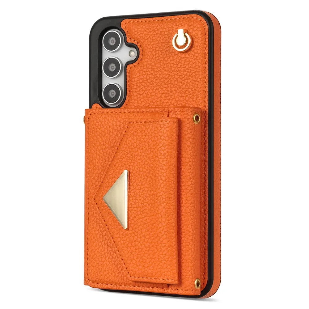 For Samsung Galaxy A16 4G / 5G Case Card Slots PU+TPU Cell Phone Cover with Long Strap - Orange - 7