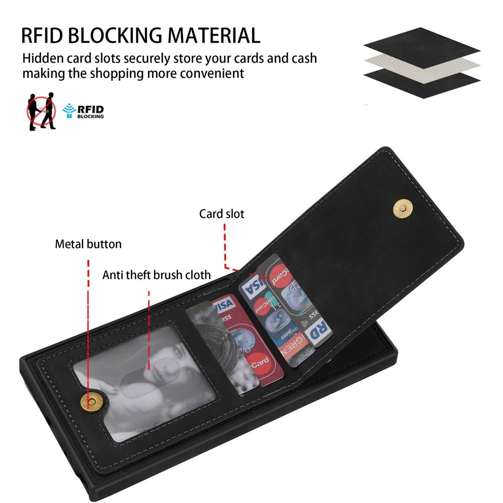 For Samsung Galaxy S25 Ultra Case RFID Blocking Card Slots TPU+PU Leather Phone Cover - Black - 6