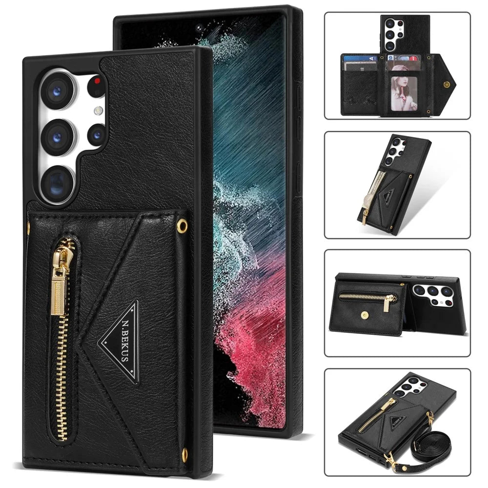 N.BEKUS For Samsung Galaxy S25 Ultra Leather Zipper Case Card Holder Phone Cover with Shoulder Strap - Black - 1