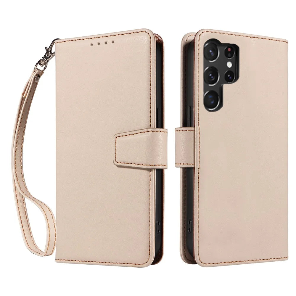 For Samsung Galaxy S24 Ultra Case RFID Blocking PU Leather Wallet Flip Phone Cover with Wrist Strap - Apricot - 1